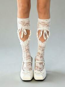 1双春夏白色蕾丝抽绳镂空蝴蝶结腿套，日系洛丽塔哥特朋克风破洞绑带过膝袜 - 黑與白 - 查看 1
