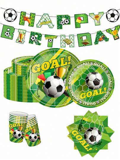 一套足球主题一次性餐具套装 - 纸盘和纸杯，适用于足球庆祝活动、球迷聚会、生日、婚礼、家庭聚会、户外活动、海滩野餐、嘉年华、斋月、复活节、圣帕特里克节等场合。