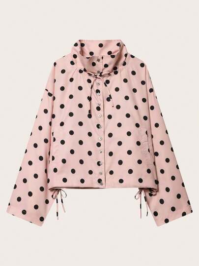 Casual Polka Dot Print Drawstring Jacket, Suitable For Spring And Autumn