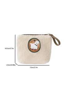 1 Piece Cute Sheep Design Mini Coin Clip & Lipstick Storage Bag - Soft Beige Plush Fabric With Brown Zipper, Women's Portable Wallet, Keys And Cosmetic Storage Bag, Cute Daily Essential Finishing Bag - 白色 - 查看 2