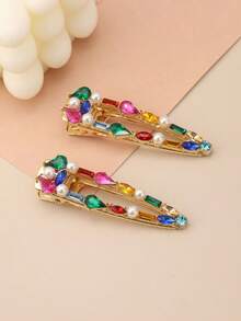 2pcs Elegant Rhinestone Waterdrop & Square Shaped Alligator Hair Clip Hairpins For Girls Claw Clips Hair Claws Hair Barrettes, School Stuff, Looks Of Party, Hair Accessories, Head Accessories - 彩色 - 查看 5