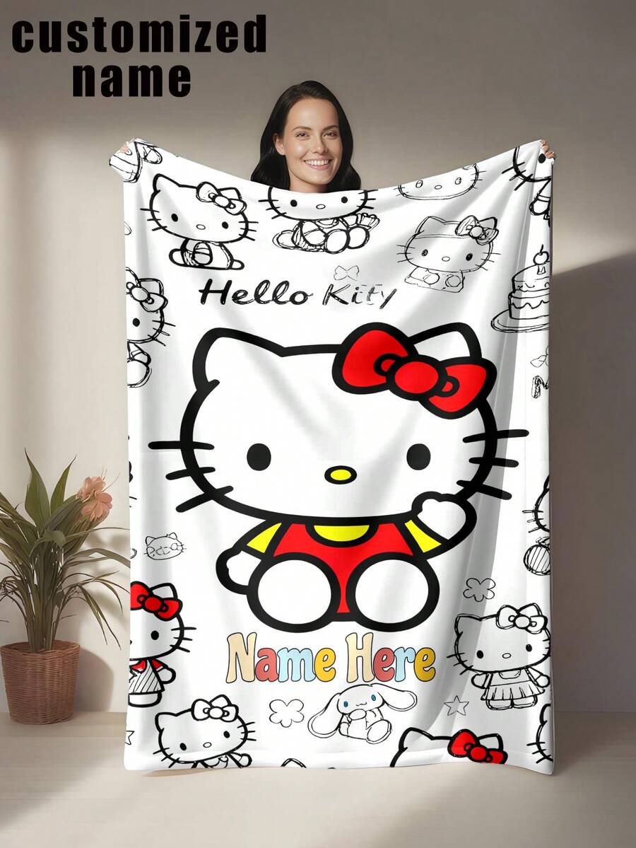 SANRIO Chăn lông cừu Hello Kitty cá nhân hóa - Tên tùy chỉnh, chăn flannel mềm mại, món quà ấm áp và thoải mái dành cho gia đình và bạn bè, thích hợp để trang trí nhà cửa hoặc các dịp lễ hội, Chăn Hello Kitty