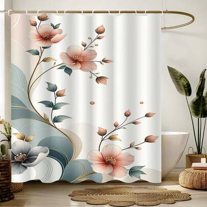 1pc Simple And Stylish Floral Shower Curtain, Sweet Plant Floral Shower Curtain, Suitable For Various Rooms, Bathroom Bathtub Partitions, Bathroom Accessories, Bathroom Shower Curtain Decoration, Shower Curtain