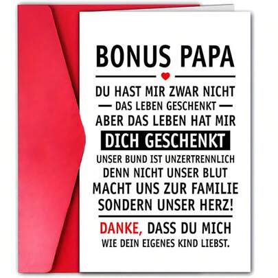 1pc, Warm German Father's Day Greeting Card For Great Father, Best Dad, Stepdad, Son's Adoptive Father, Happy Father's Day, Unique Father's Day "Bonus Dad Thank You For Loving Me Like Your Own"
