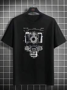Camiseta de manga corta con estampado creativo de cámara en inglés,  de moda masculina, camiseta casual para vacaciones y campamentos, top cómodo de verano para días de descanso. - Blanco - Ver 6