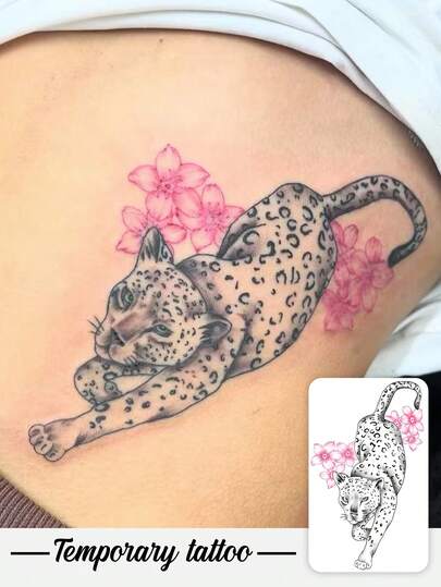 一款Y2K风格樱花猎豹图案的临时纹身贴纸。防水、防汗、可水洗、不反光。适用于手臂和肩膀纹身，非常适合个人使用。可持续3-5天。