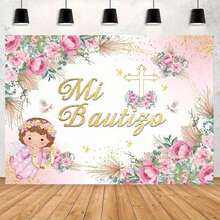 1pc 2D Flat Elegant Pink Baptism With Golden & Floral Design Polyester Photography Backdrop First Youngsters Shower Or Party Decor Baptism Decorations Ornaments - 多色 - 查看 3