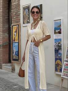 2026 Spring/Summer New Casual Hollow Out Drawstring Design Knit Short Sleeve Cardigan For Women - Apricot - View 7