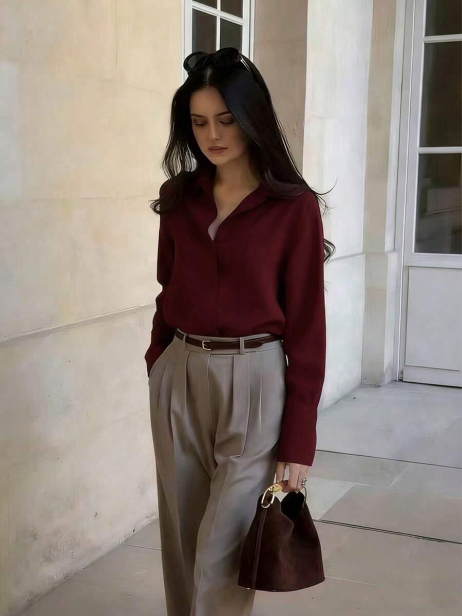 Women's Casual Loose Elegant Commuter Minimalist Soft Fashion Polo Collar Long Sleeve Shirt, Suitable For Multi-Occasion Wear Such As Commuting, Work, Home In All Seasons Spring - Burgundy - View 1