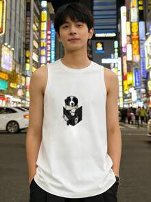ブラックの シルエット ポメラニアン入り ノンスリーブTシャツ キュート キャラクター マンガ風 モダンな アウトドア スタイル - ホワイト - チェックする 1