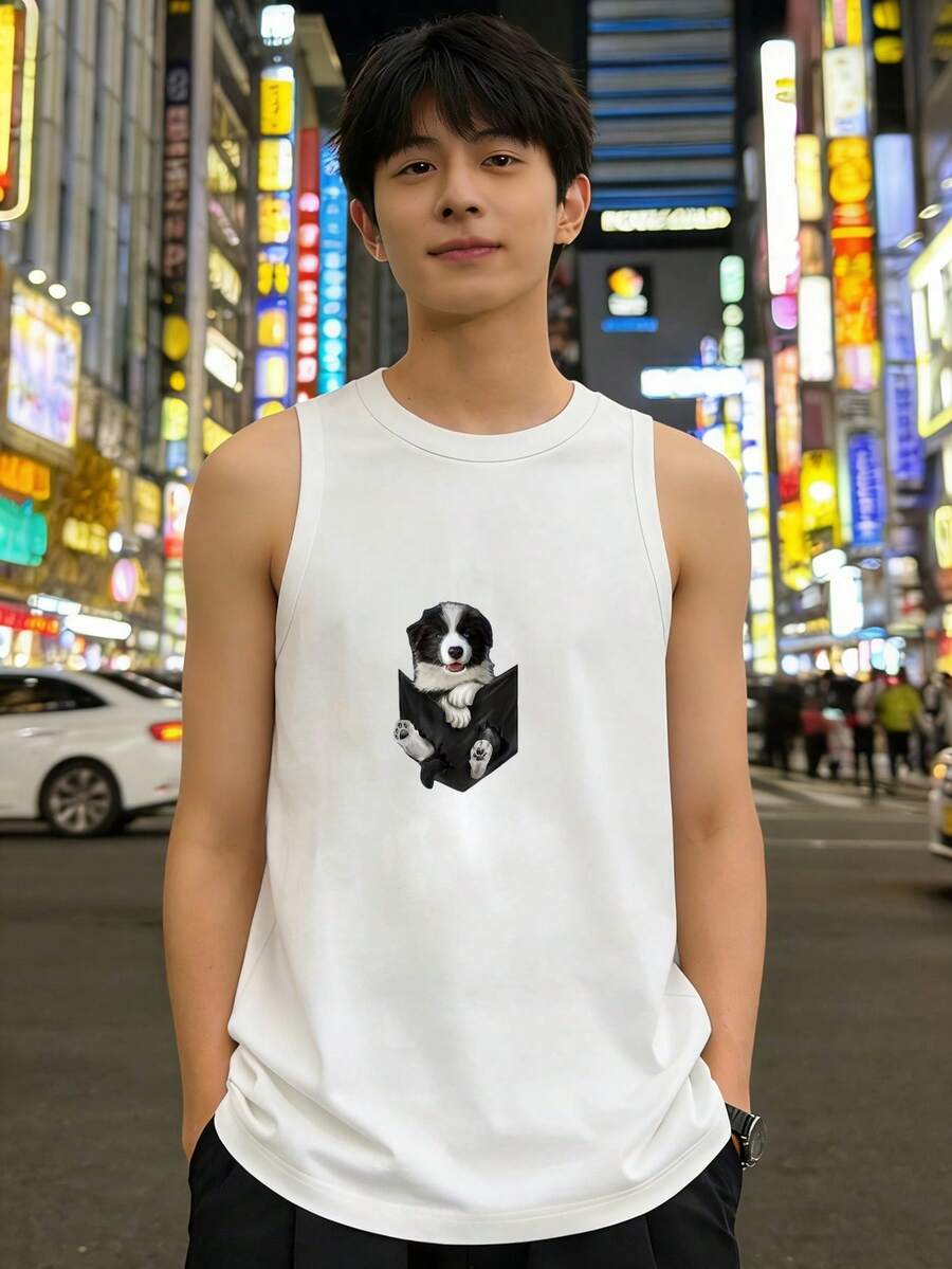 ブラックの シルエット ポメラニアン入り ノンスリーブTシャツ キュート キャラクター マンガ風 モダンな アウトドア スタイル - ホワイト - チェックする 1