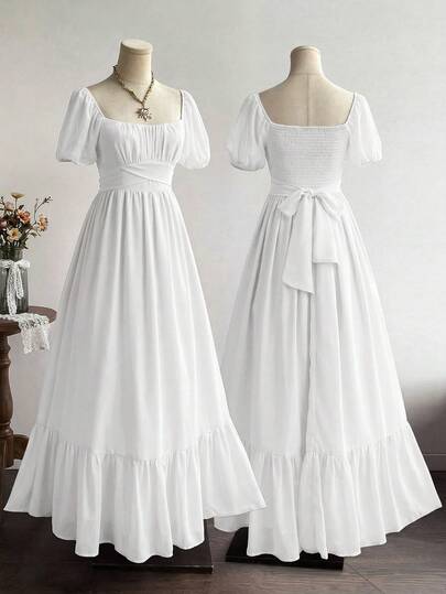 Rusttydustty Damen Boho Urlaubs Elegantes Casual Taille Raffung Weißes Chiffon Langarm Kleid mit Rüschensaum, geeignet für Musikfestivals im Sommer