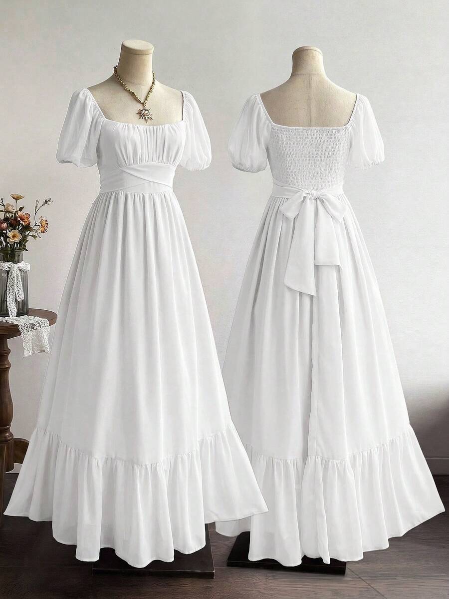 Rusttydustty Vestido largo de manga larga con volantes en el bajo, de gasa blanca, con cintura ceñida, elegante y casual, apropiado para festivales de música en verano, estilo bohemio de vacaciones para mujeres - Blanco - Ver 1