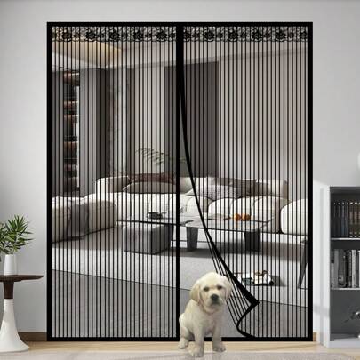 Summer Black Striped Breathable Anti-Mosquito Magnetic Automatically Closing Door Curtain, Friendly To Pets, Suitable For Bedroom, Balcony, Kitchen, Bathroom, Various Sizes Available