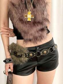 1pc Boho Faux Fur Solid Color Waist Belt, Y2K Vintage Versatile Furry Waist Cincher, Accessory To Pair With Coats, Jeans, Dresses, Suitable Daily Wear, Parties, Halloween - 波西米亞風黑色毛皮扣環 - 查看 9