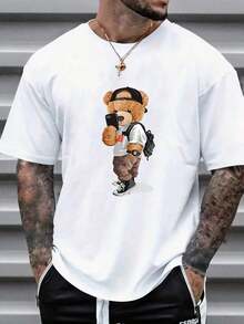 Camiseta de manga corta con estampado de oso de dibujo animado para hombres, adecuada para el trabajo, verano - Blanco - Ver 8