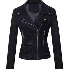 Women's Motorcycle Jacket, Short Suede Jacket, Slim Fit Faux Suede Leather Jacket For Women - 黑色 - 查看 1