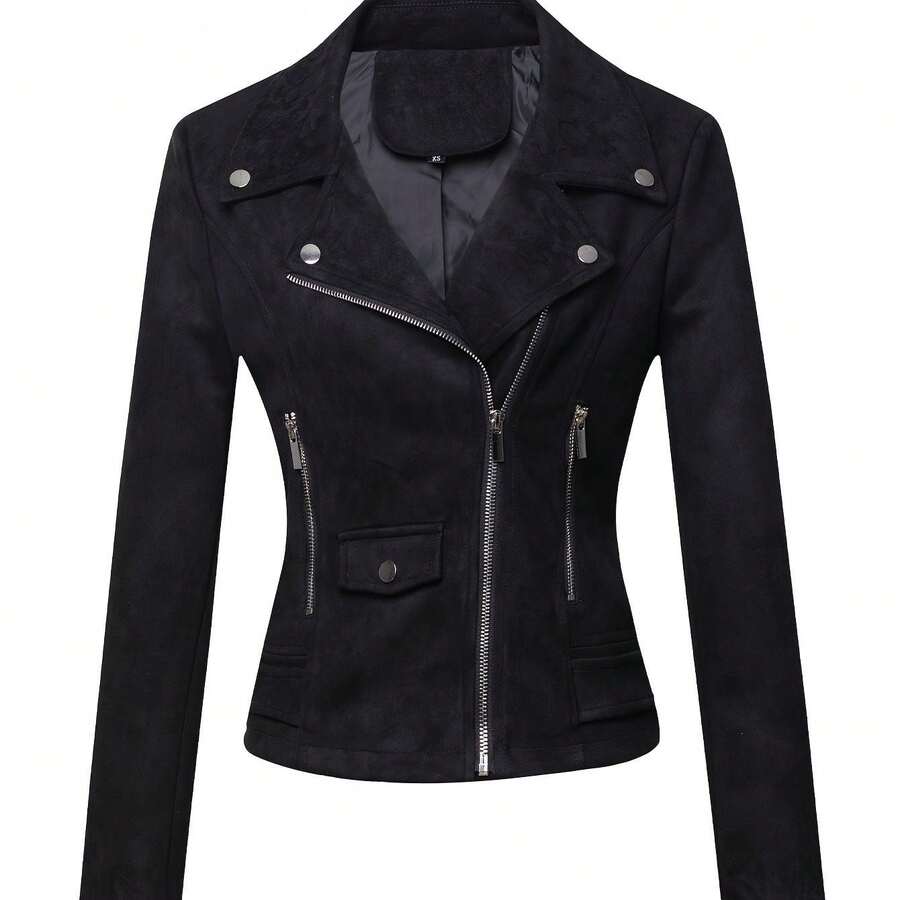 Women's Motorcycle Jacket, Short Suede Jacket, Slim Fit Faux Suede Leather Jacket For Women - 黑色 - 查看 1
