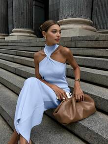 2025 Autumn New Elegant Backless Twist Halter High Neck Sleeveless Fitted Bodycon Blue Maxi Dress, Party Dress, Street Style, Cruise Wear, Concert Outfit, Holiday Dress, Wedding Guest Dress - Baby Blue - View 5