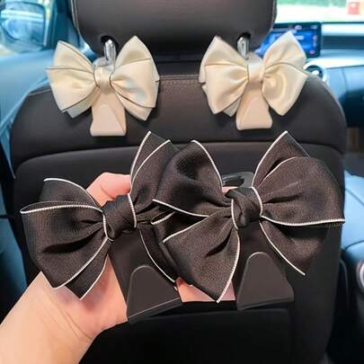 2pcs Elegant Bow-Knot Car Seat Headrest Hooks - White Multifunctional Headrest Hanger, For Vehicle Storage And Organization, Fashionable Car Interior Accessories, Car Seat Accessories