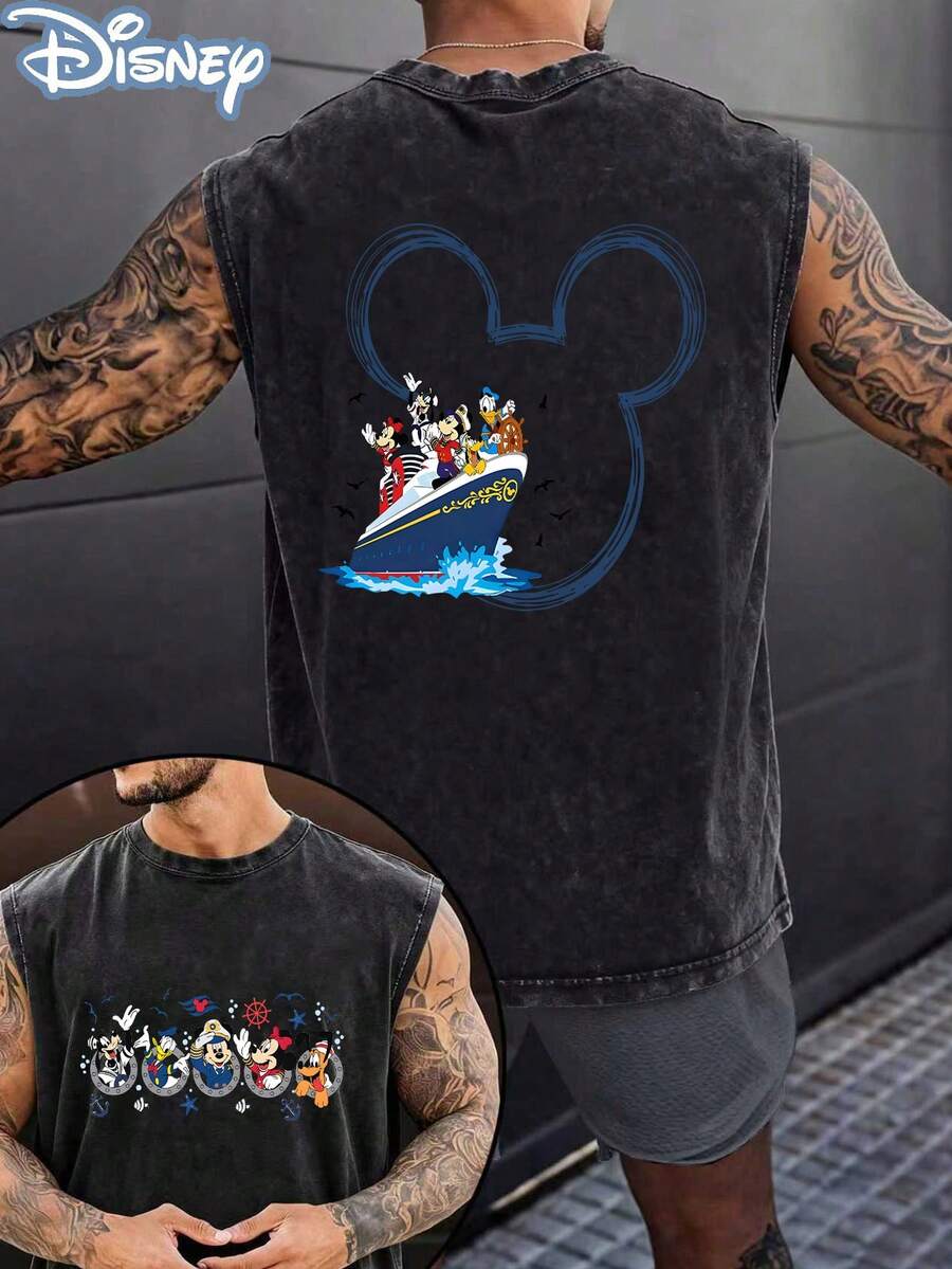 Disney Official Licensed  Cruise Unisex Acid Wash Sleeveless T-Shirt, Friends Cruise Graphic Tank Top, 230g Heavyweight Cotton Blend, Casual Vacation Top, Breathable Summer Wear - 黑色 - 查看 1