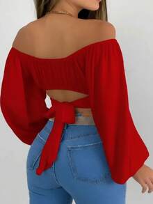 Blusa Crop campesina pecho fruncido con cinta de amarre trasera - Rojo - Ver 6