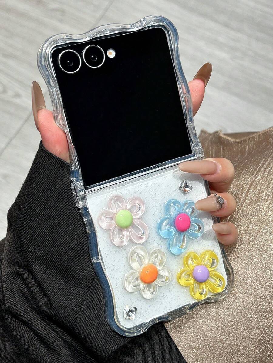 1个时尚简约波浪水滴胶花元素折叠手机壳，可保护手机并防止跌落，适用于：三星 Galaxy Zflip 3/Zflip 4/Zflip 5/Zflip 6/Zflip 7/Galaxy Z Flip7 FE - 無色 - 查看 1