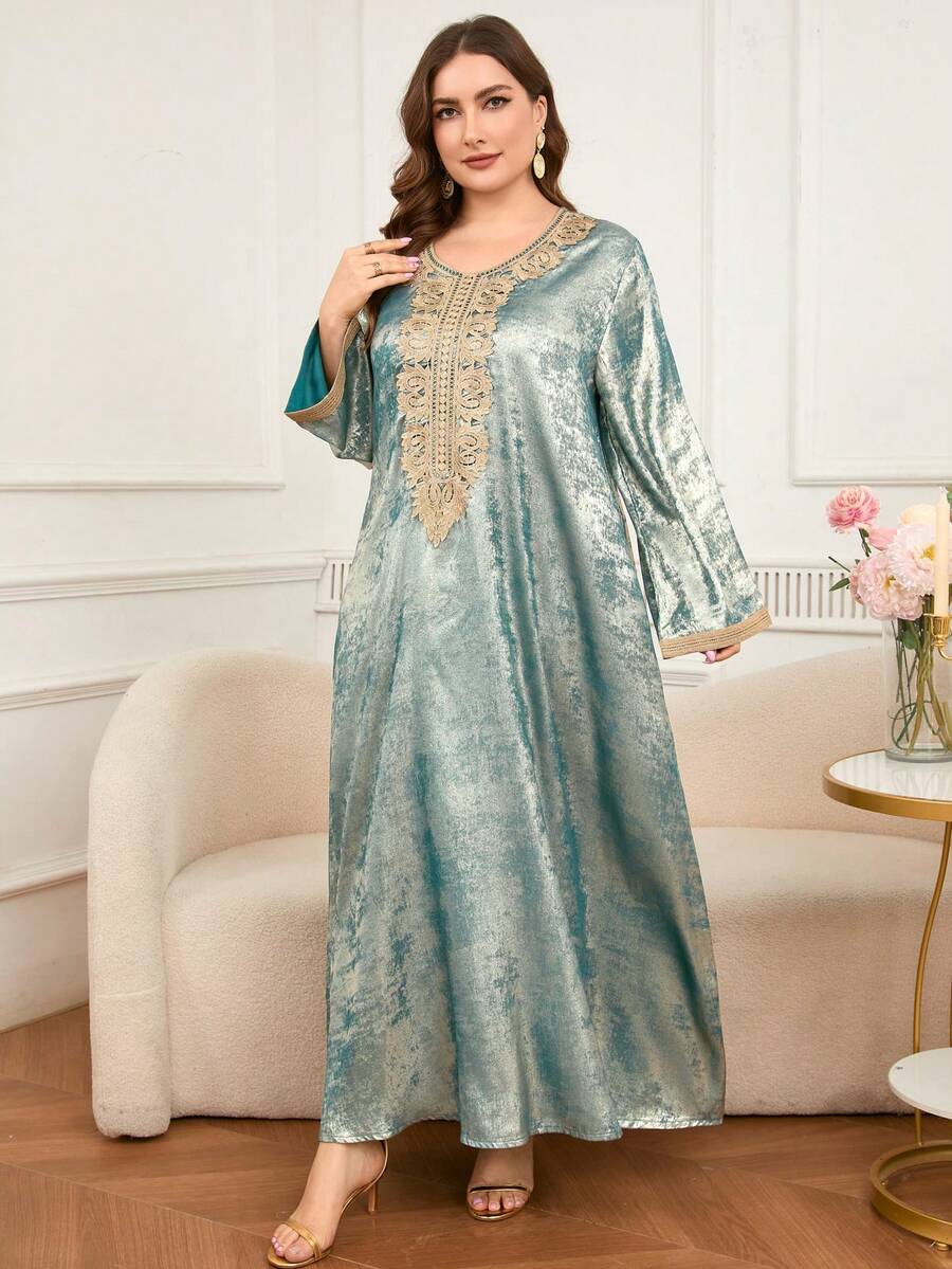 DEARCASE Gaun Liburan Wanita Ukuran Besar Elegan Lengan Mengembang Metalik Gaya Arab - Biru danau - View 1