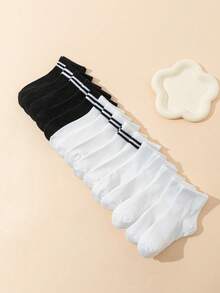 15 pares de calcetines a media pierna a rayas para niños, estilo deportivo y casual para la escuela, negro y blanco, para todas las estaciones - Blanco y Negro - Ver 1