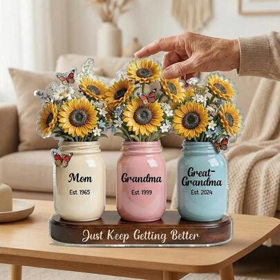 Individualisierter Acryl-Block Plakette - Mama, Oma, Uroma Sonnenblumen Glas, Gründungsjahr