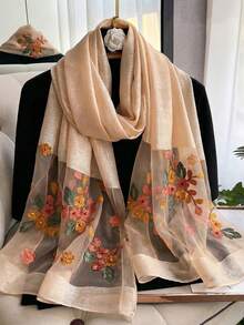 1pc Women's Elegant Hollow Faux Pearl Plaid Pattern Silk Scarf, Printed With Beautiful Flowers, Solid Color Shawl, Casual Headscarf And Neck Scarf, Suitable For Daily Wear And Summer Beach Sun Protection, Perfectly Matches Dresses, Suitable For All Seasons - Multicolor - View 9