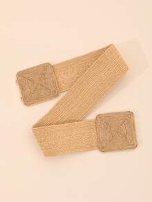 1pc Women's Square Raffia With Metal Buckle Enclosure Waist Belt - Brown - View 10