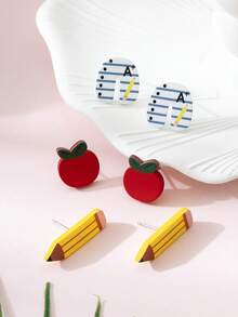 Bộ 3 đôi bông tai bằng đất sét mềm tráng men hình quả táo, bút chì và sổ tay, quà tặng nhân dịp năm học mới cho giáo viên và học sinh. - Nhiều màu - Xem 3