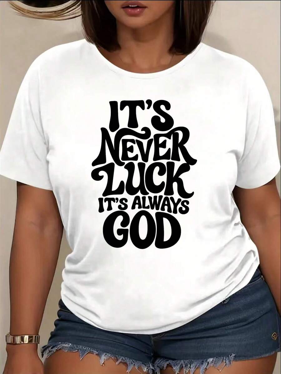 Playeras Para Hombre [Camiseta de Mujer de Inspiración Religiosa] Camiseta de Mujer de Inspiración Religiosa - Nunca es suerte, siempre es Dios, Camiseta con Cuello Redondo Estampado, Suave y Elástica, Ropa de Iglesia para Uso Diario, Lavable a Máquina, Ropa Cristiana, Regalo para Mujer - Blanca con Letras Negras Gruesas, Camisetas Religiosas, Tela de Elasticidad Media, Camiseta Casual Minimalista para Uso Diario, Transpirable, Corte Holgado para Gimnasio y Ocio - Blanco - Ver 1