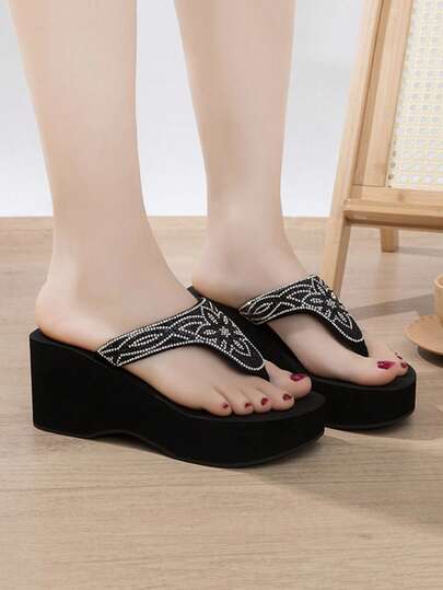Women's Floral Rhinestone Design Thong Sandals, Casual Vacation Platform Thick Sole Street Beach Slippers