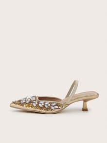 Giày sandal nữ cao cấp đính đá lấp lánh, gót kim loại, mũi nhọn, kiểu dáng slip-on, chất liệu bóng bẩy, thời trang và thanh lịch, thích hợp cho các bữa tiệc và trang phục trang trọng, gót thấp. - Vàng - Xem 5
