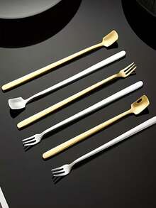 1pc/2pcs/5pcs Stainless Steel Silver Mixing Spoon, Extra Long Handle Ice Cream Spoon, Square Head Spoon Fork, Cocktail Tea Honey Spoon, Bartender Stirrer - View 5