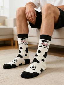 1双男士白色底纹奶牛图案中筒袜，可个性化定制，日常穿着。 - 彩色 - 查看 5