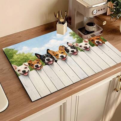 1件装狗狗图案吸水沥水垫，厨房装饰咖啡机垫，手工咖啡壶沥水垫，厨房地垫，餐桌垫，厨房台面碗碟沥水垫，早餐垫，耐热防滑沥水垫，硅藻土沥水垫，遮盖污渍，超强吸水厨房垫，易清洁碗碟架垫，适用于厨房、餐桌、咖啡店、酒吧、节日、派对、家居装饰、节日礼物