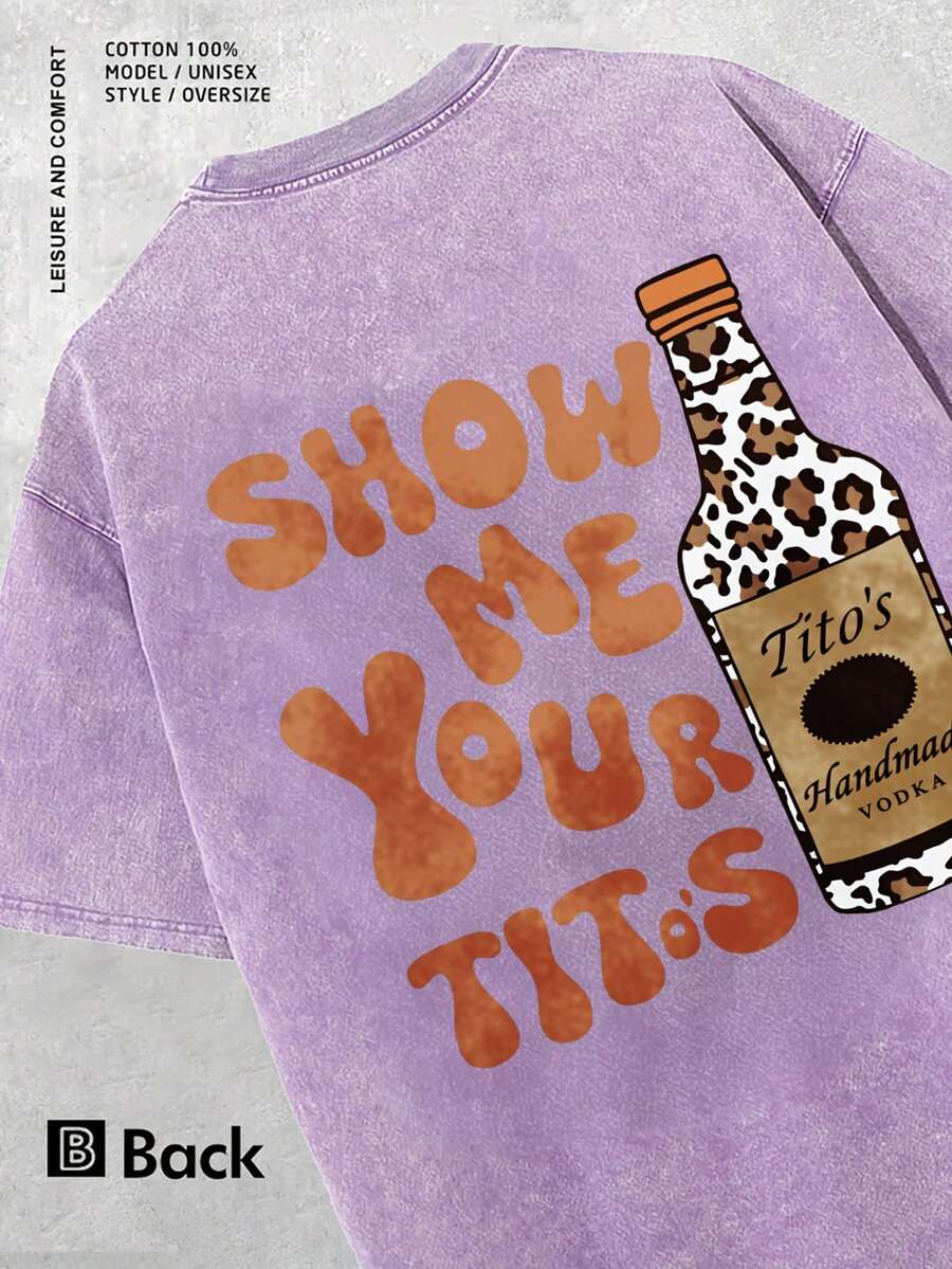 Men Street Style Washed T Shirt Show Me Your Titos Graphic Print Unisex Casual Wear Cotton Blend Essential For Daily Life Gym Home Party Outfit Gift For Him - 紫色 - 查看 1