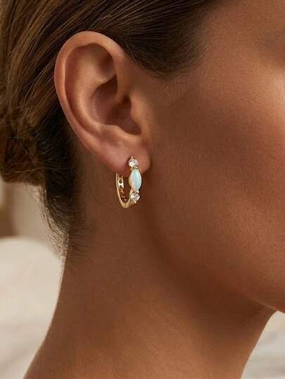 18K镀金蛋白石耳环，女士款，马眼形切割白色合成蛋白石耳环，镶嵌立方氧化锆，精致波西米亚风首饰，送给她的礼物