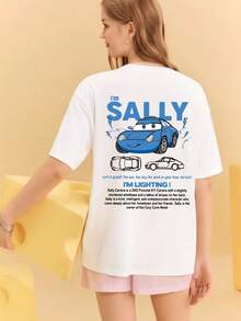 Disney One-Piece Outfit, Cars-Themed Couple's T-Shirt - Featuring Lightning McQueen And Sally Racing Car Designs, A Versatile And Casual Summer T-Shirt Suitable For Both Men And Women (Sold Separately) - Valentine's Day Gift - 女士白色 - 查看 2