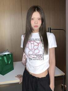 Áo thun crop top in họa tiết, cổ tròn, tay ngắn, màu trắng, kiểu dáng thường ngày, thích hợp cho mùa hè. - trắng - Xem 6