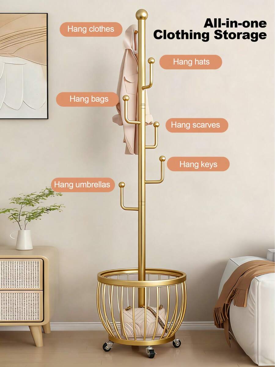 Tree Coat Rack Stand With Clothes Basket, Gold Coat Rack Freestanding Clothes Rack, Purse Rack Hat Rack Stand, Golden Clothes Rack With Metal Frame, Bedroom Storage Organizeration, Home Decor, Morden Style, Coat Stand Fits Entryway Bedroom Office For Bags, Hats - Vàng - Xem 1