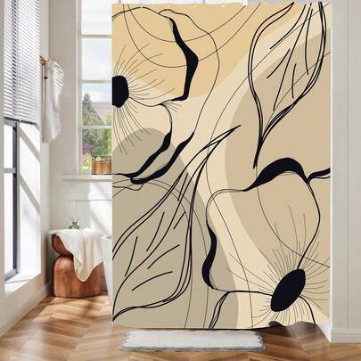 1pc Simple Line Plant Shower Curtain, Fashionable Plant Printed Shower Curtain, Suitable For Various Rooms, Bathroom Bathtub Partitions, Bathroom Accessories, Bathroom Shower Curtain Decoration Shower Curtain
