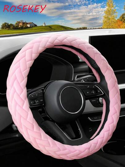 1pc Soft Pink Plush Steering Wheel Cover, Cute & Warm Plush, Universal 15 Inch, Suitable For Women & Girls, Fits Cars, Sedans, SUVs, Trucks