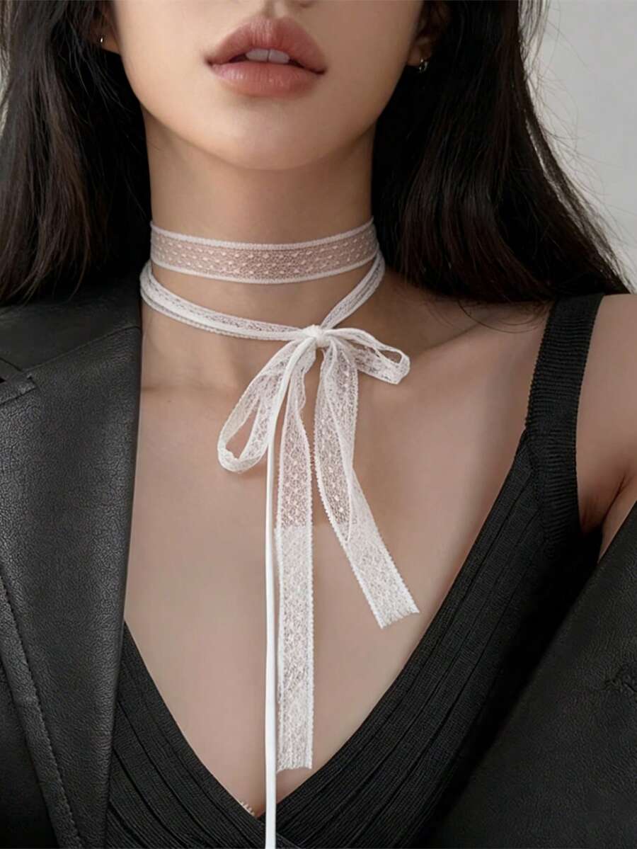 原创设计飘逸蕾丝长款丝带颈链，百搭女性美感项链 - 蕾絲波點 - 查看 1