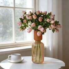 9支仿真粉色玫瑰花，7支玫瑰花头+绿色塑料植物，浪漫风格家居花卉礼品，适合女士、母亲等各种场合，包含花蕊，可用于DIY、派对回礼、伴娘礼物、家居装饰，干玫瑰，多种颜色可选，7支小玫瑰，绿色仿真植物，波西米亚秋季农场风格玫瑰花束，情人节装饰花 - 粉 - 查看 4