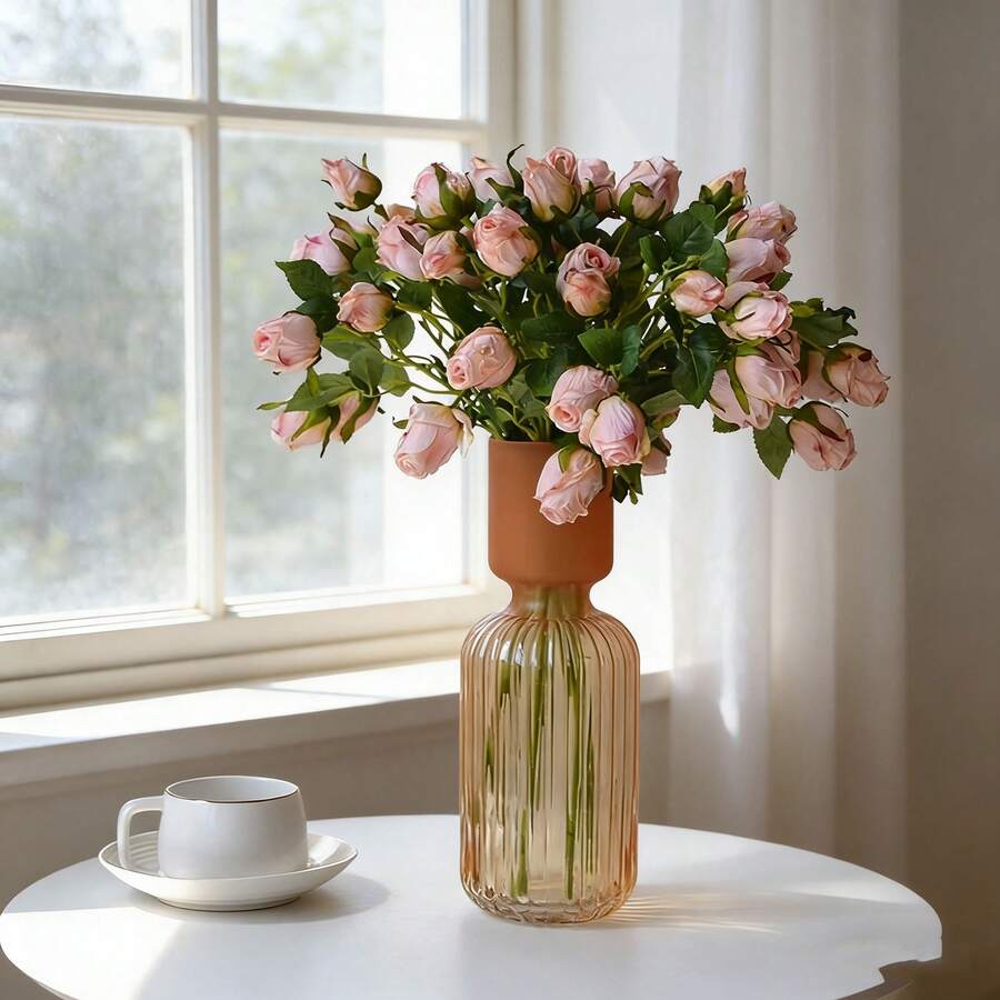 9支仿真粉色玫瑰花，7支玫瑰花头+绿色塑料植物，浪漫风格家居花卉礼品，适合女士、母亲等各种场合，包含花蕊，可用于DIY、派对回礼、伴娘礼物、家居装饰，干玫瑰，多种颜色可选，7支小玫瑰，绿色仿真植物，波西米亚秋季农场风格玫瑰花束，情人节装饰花