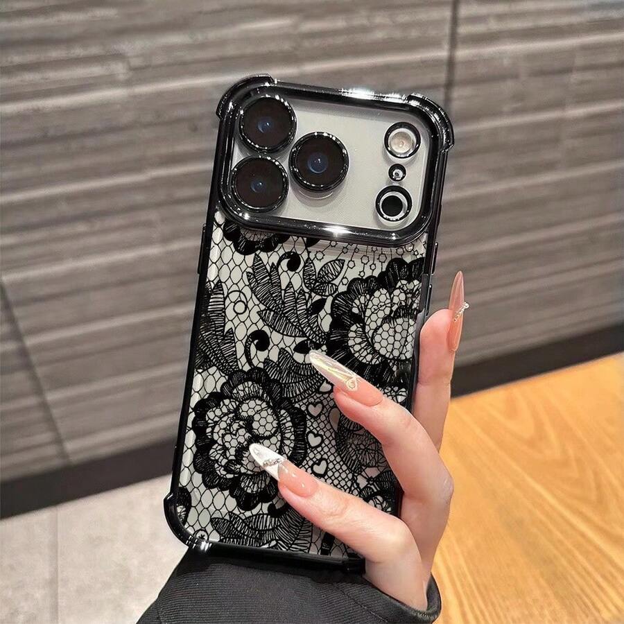 1pc New Minimalist Black Lace Electroplated Airbag Anti-Fall/Thickened Transparent TPU Protective Case Suitable Compatible With Apple 17 Pro Max/16 Pro Max/16 Pro/16/13 Pro Max/12 Pro Max 11, 15 Pro Max, 14 Pro Max/Galaxy, SAM/Honor/Note 13 Pro/S23 Ultra/S24 Ultra/S25/A56 - Black - View 1